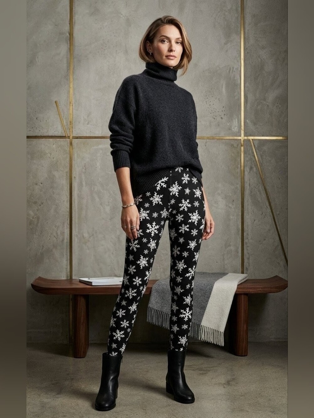 No Boundaries Black Leggings with White Snowflake Print